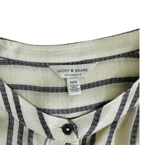 Lucky Brand Women's Size M Striped Roll Tab Sleeves Ivory Black Popover Blouse - Picture 5 of 8